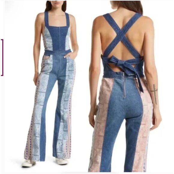 Free People Blue and White Patchwork Jumpsuit - Picture 2 of 10